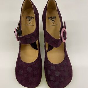 John Fluevog Plum Suede Mary Jane Heels with Pink Buckles